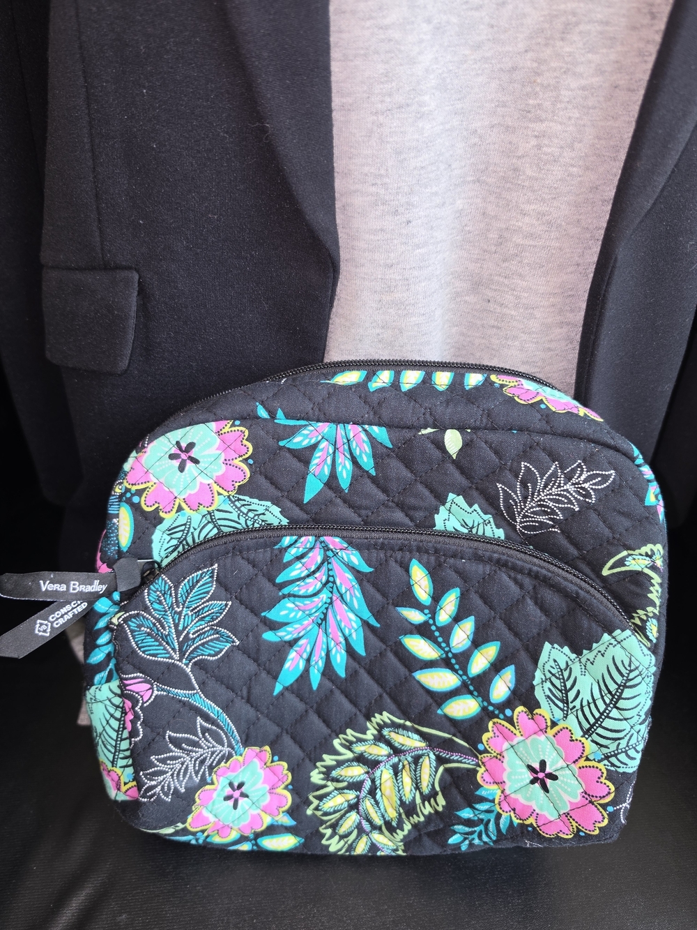 Vera Bradley Black Quilted Cosmetic Pouch with Teal & Pink Floral Print